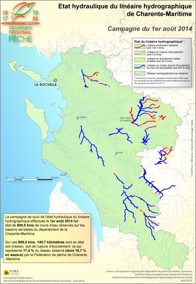 Etat hydraulique du linéaire hydrographique du département de la Charente-Maritime - Campagne du 1er août 2014