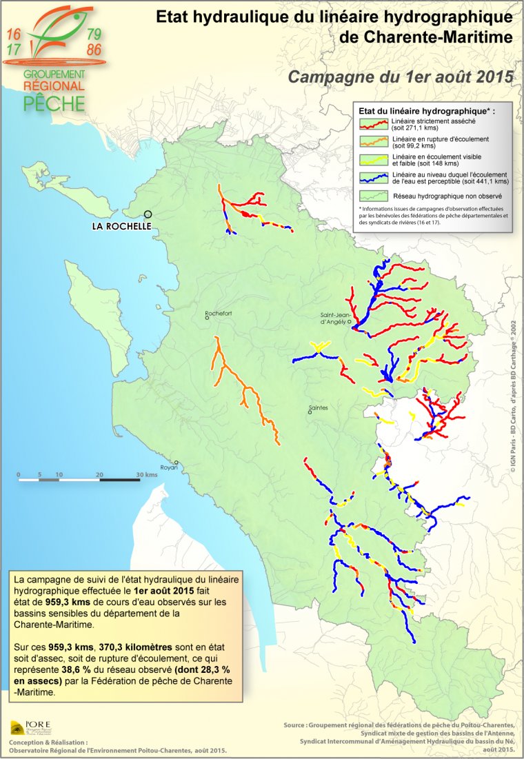 Etat hydraulique du linéaire hydrographique du département de la Charente-Maritime - Campagne du 1er août 2015