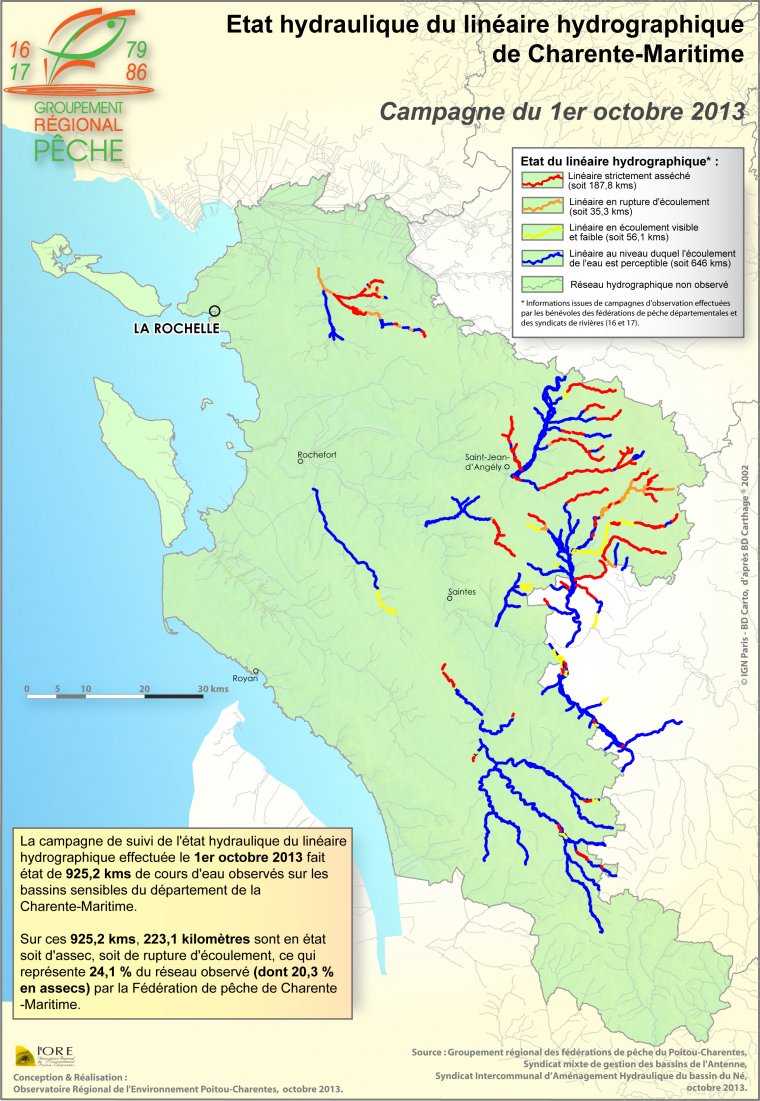 Etat hydraulique du linéaire hydrographique du département de la Charente-Maritime - Campagne du 1er octobre 2013