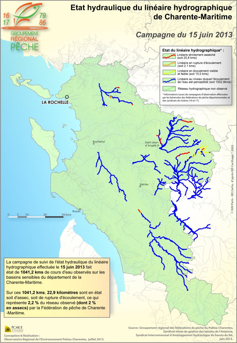 Etat hydraulique du linéaire hydrographique du département de la Charente-Maritime - Campagne du 15 juin 2013