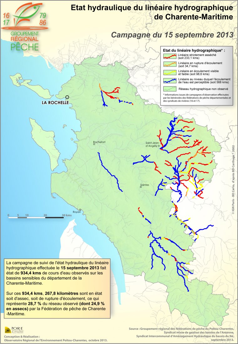 Etat hydraulique du linéaire hydrographique du département de la Charente-Maritime - Campagne du 15 septembre 2013