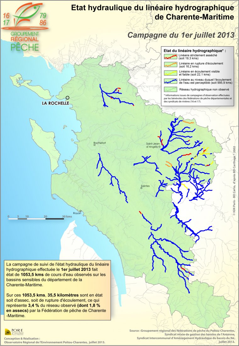 Etat hydraulique du linéaire hydrographique du département de la Charente-Maritime - Campagne du 1er juillet 2013