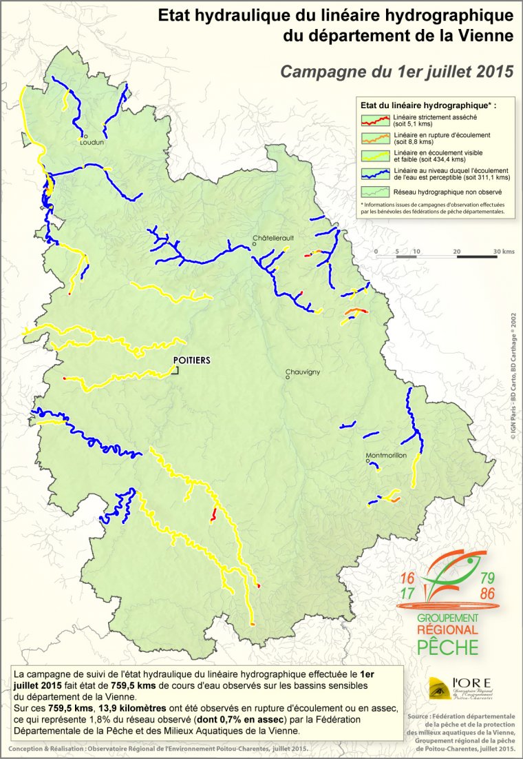 Etat hydraulique du linéaire hydrographique du département de la Vienne - Campagne du 1er juillet 2015