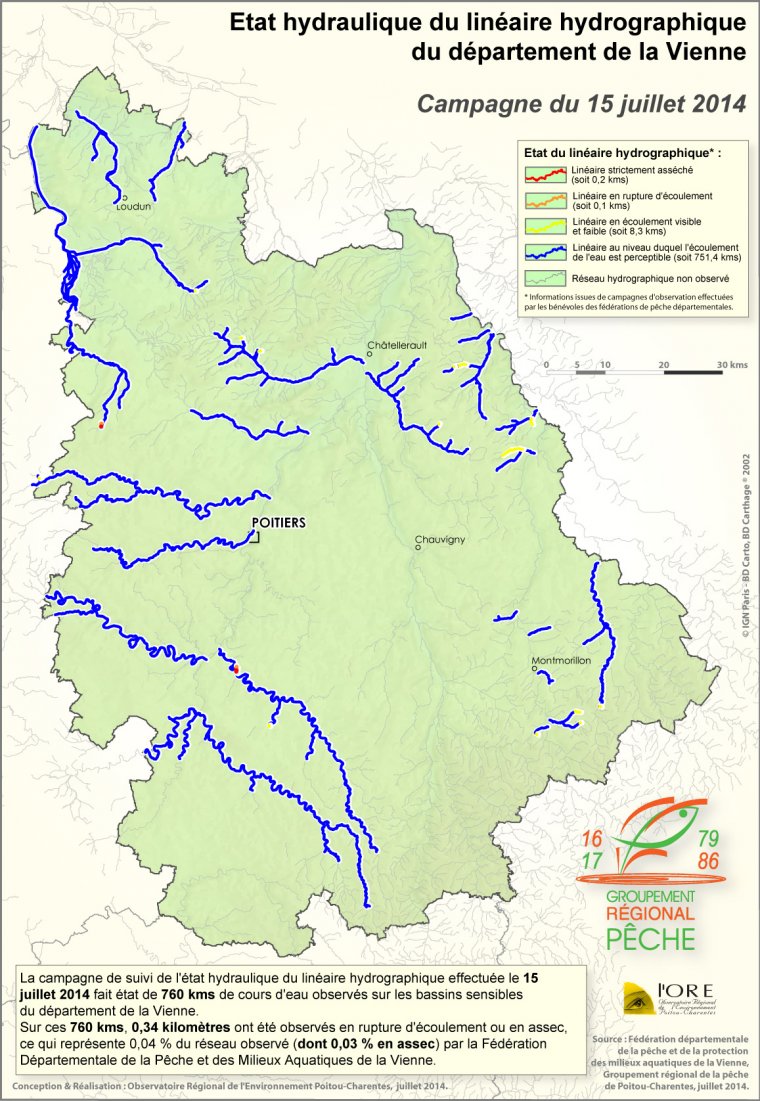 Etat hydraulique du linéaire hydrographique du département de la Vienne - Campagne du 15 juillet 2014