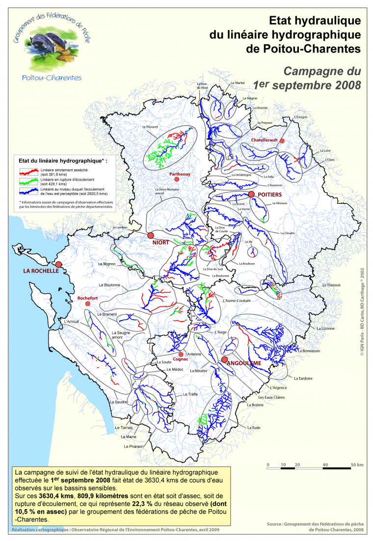 Etat hydraulique du linéaire hydrographique de Poitou-Charentes - Campagne du 1er septembre 2008