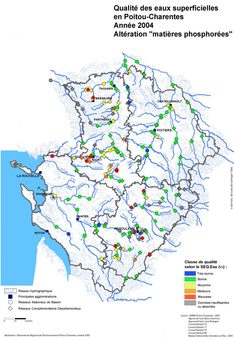 Qualité des eaux superficielles, altération "matières phosphorées" en Poitou-Charentes, en 2004