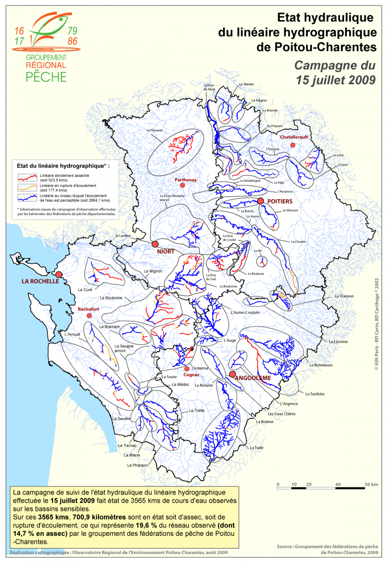 Etat hydraulique du réseau hydrographique de Poitou-Charentes - Campagne du 15 juillet 2009
