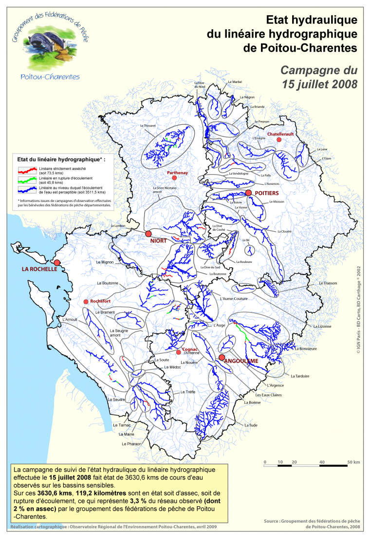 Etat hydraulique du linéaire hyrdographique de Poitou-Charentes - Campagne du 15 juillet 2008