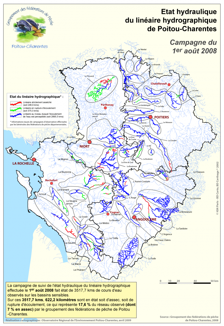 Etat hydraulique du linéaire hydrographique de Poitou-Charentes - Campagne du 1er août 2008