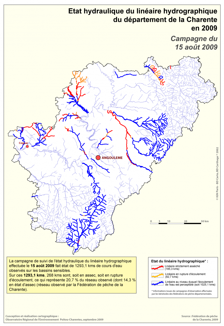 Etat hydraulique du réseau hydrographique de la Charente - Campagne du 15 août 2009