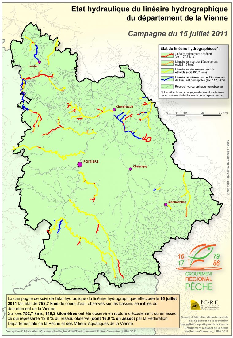 Etat hydraulique du linéaire hydrographique du département de la Vienne - Campagne du 15 juillet 2011