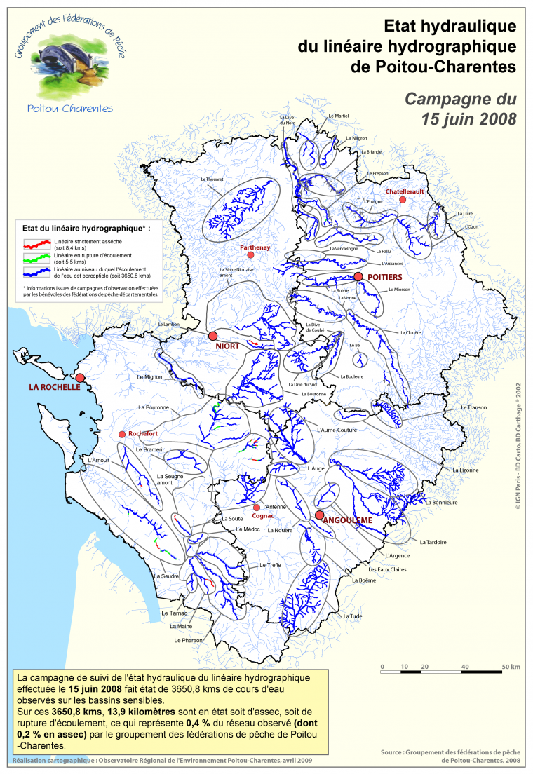 Etat hydraulique du linéaire hyrdographique de Poitou-Charentes - Campagne du 15 juin 2008 