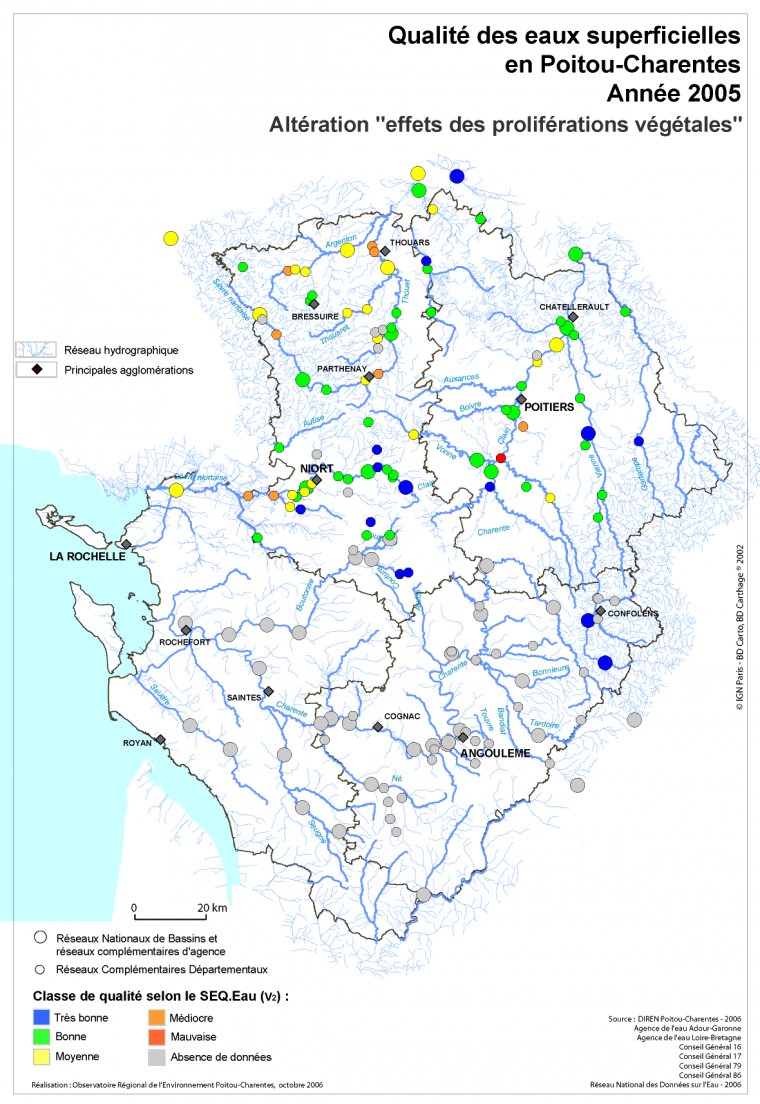 Qualité des eaux superficielles, altération "Effet des proliférations végétales", en Poitou-Charentes en 2005