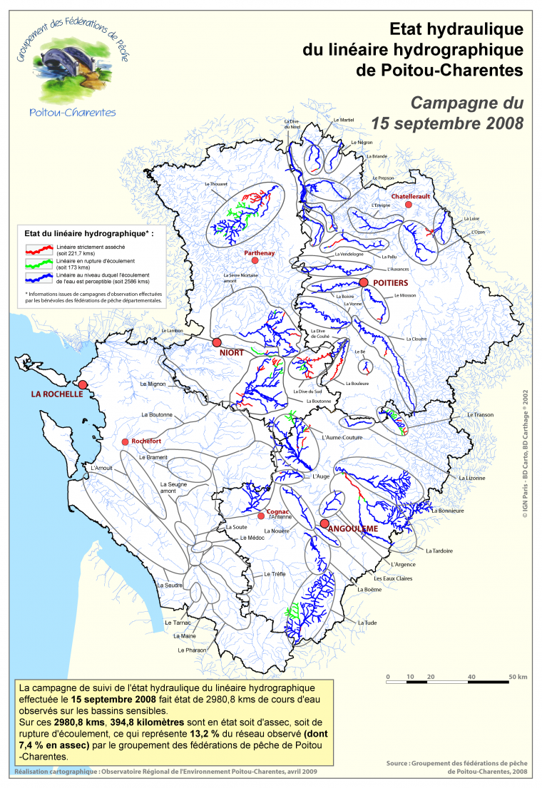 Etat hydraulique du linéaire hydrographique de Poitou-Charentes - Campagne du 15 septembre 2008