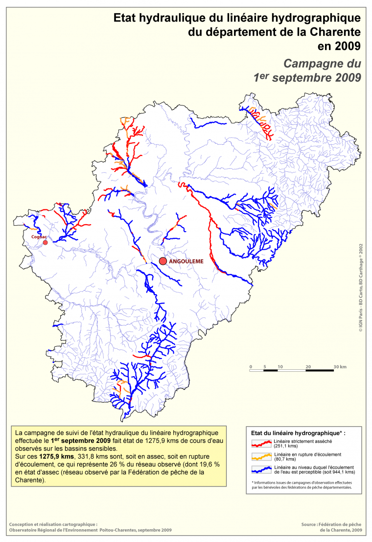 Etat hydraulique du linéaire hydrographique du département de la Charente - Campagne du 1er septembre 2009