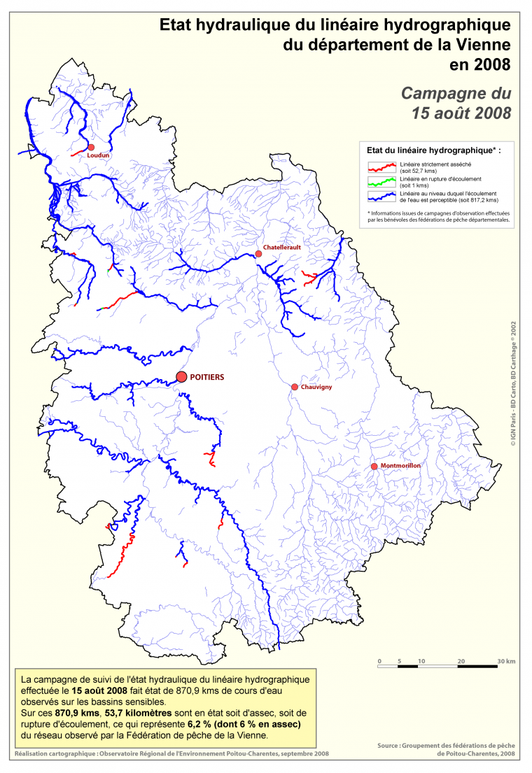 Etat hydraulique du linéaire hydrographique du département de la Vienne, campagne du 15 août 2008