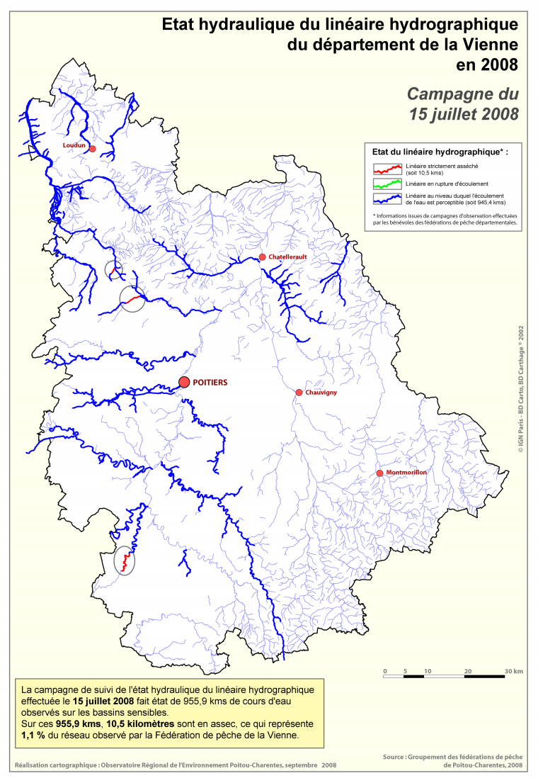 Etat hydraulique du linéaire hydrographique du département de la Vienne, campagne du 15 juillet 2008