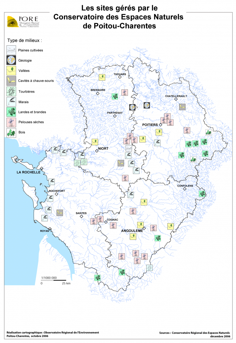 Les sites gérés par le Conservatoire Régional des Espaces Naturels de Poitou-Charentes en 2006