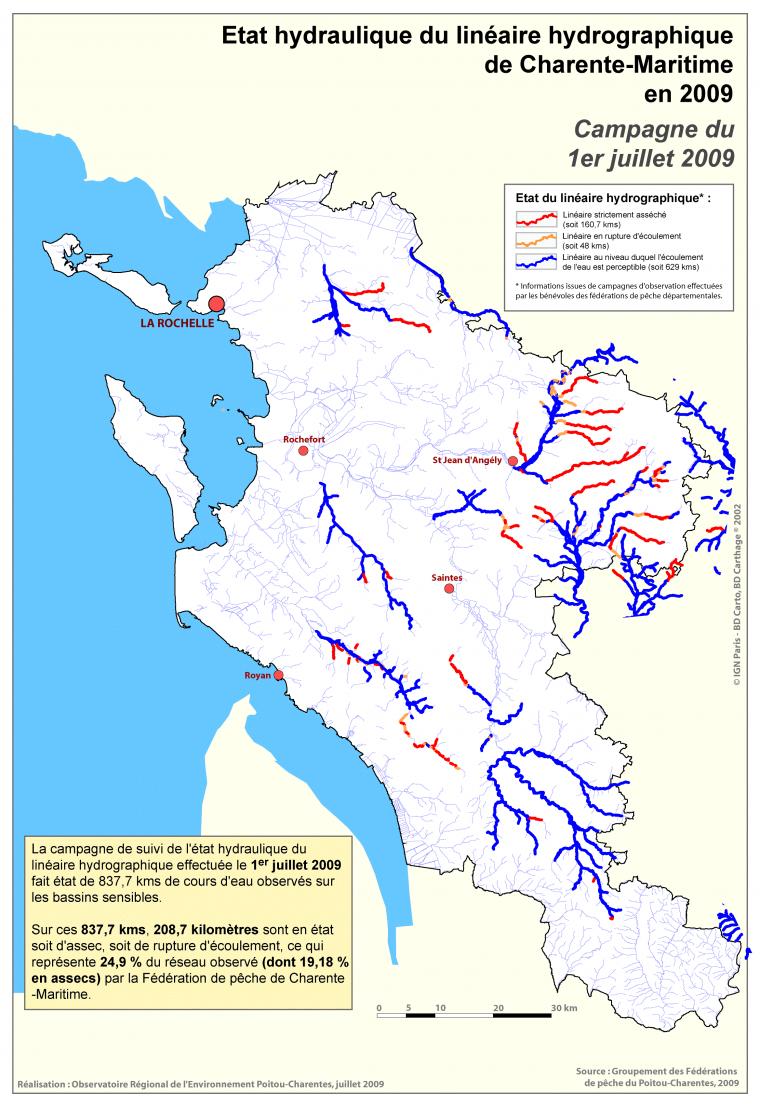 Etat hydraulique du linéaire hydrographique de Charente-Maritime - Campagne du 1er juillet 2009