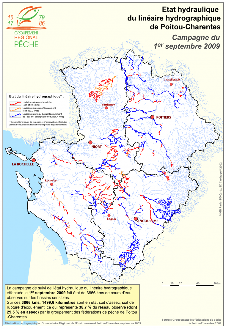 Etat hydraulique du linéaire hydrologique de la région Poitou-Charentes - Campagne du 1er septembre 2009