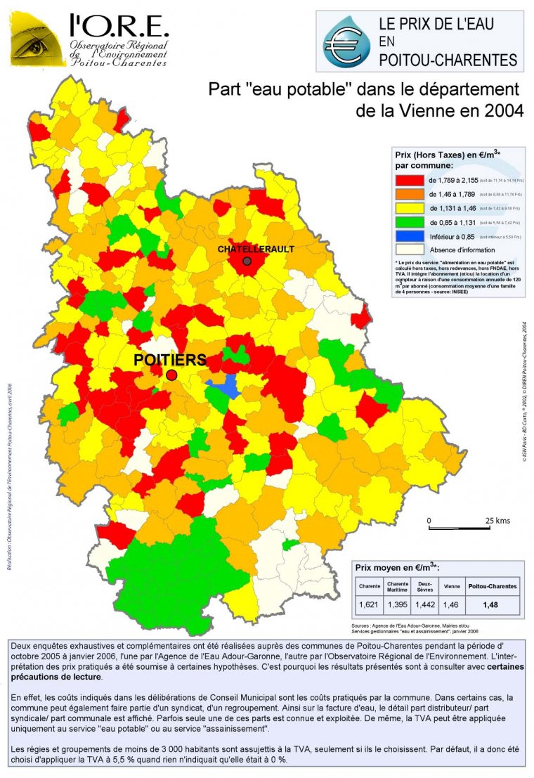 La part "eau potable" dans le prix total de la facture d'eau dans le département de la Vienne en 2004