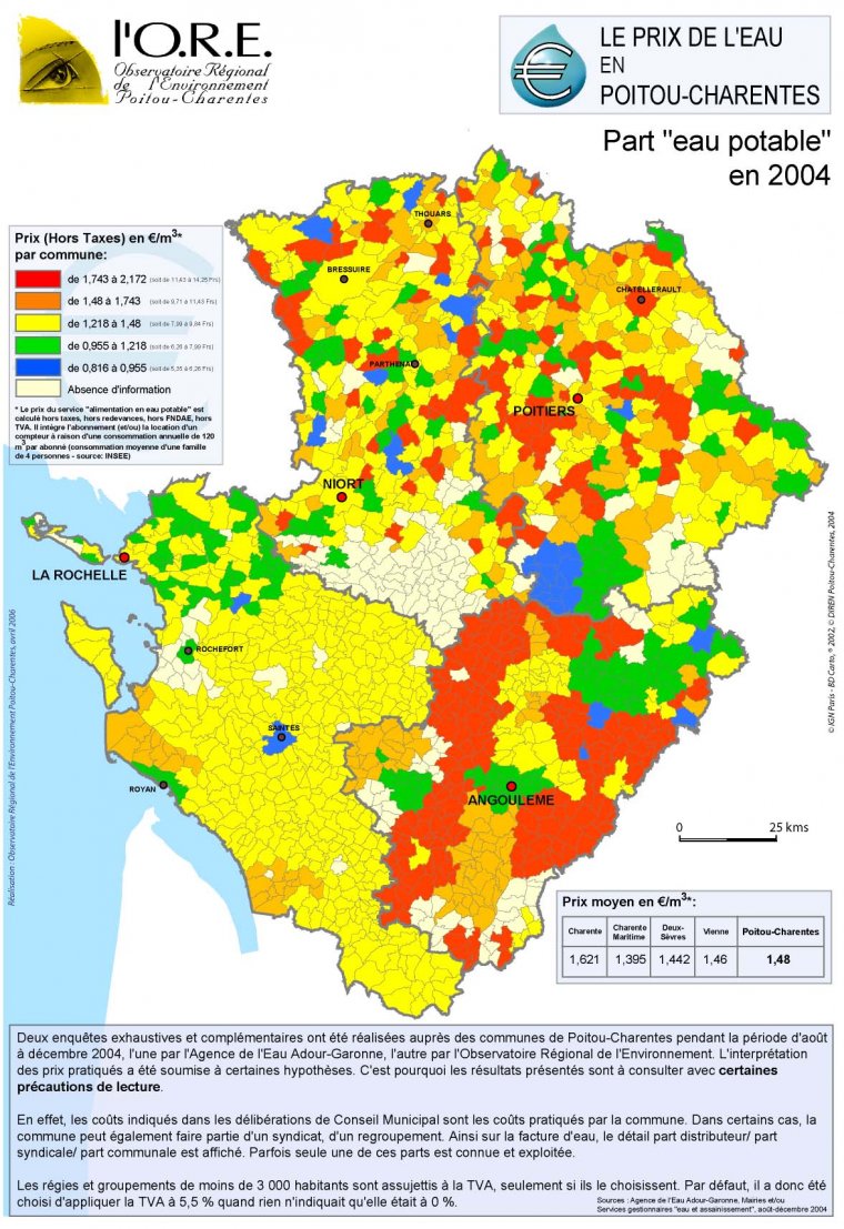 La part "eau potable" dans le prix total de la facture d'eau en Poitou-Charentes en 2004
