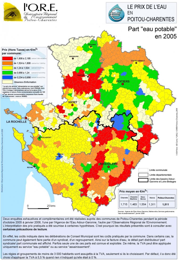 La part "eau potable" dans le prix total de la facture d'eau en Poitou-Charentes en 2005