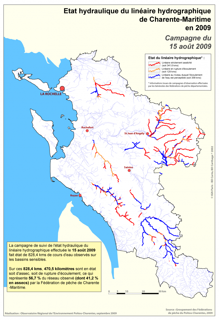 Etat hydraulique du linéaire hydrographique du département de la Charente-Maritime - Campagne du 15 août 2009