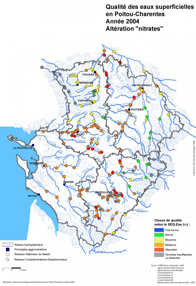 Qualité des eaux superficielles, altération "nitrates" en Poitou-Charentes, en 2004