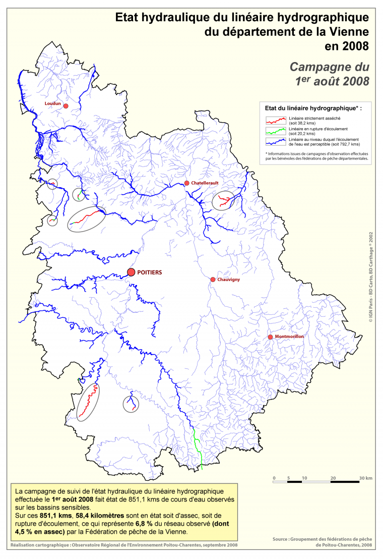 Etat hydraulique du linéaire hydrographique du département de la Vienne, campagne du 1er août 2008