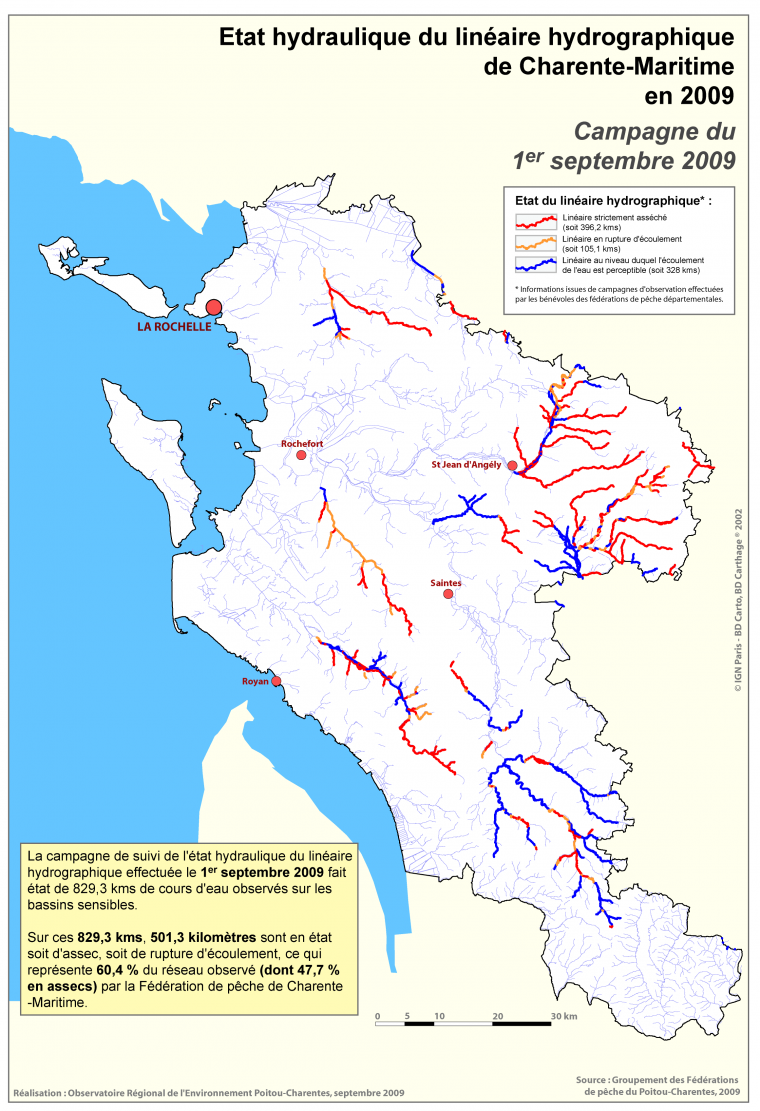 Etat hydraulique du linéaire hydrographique du département de la Charente-Maritime - Campagne du 1er septembre 2009