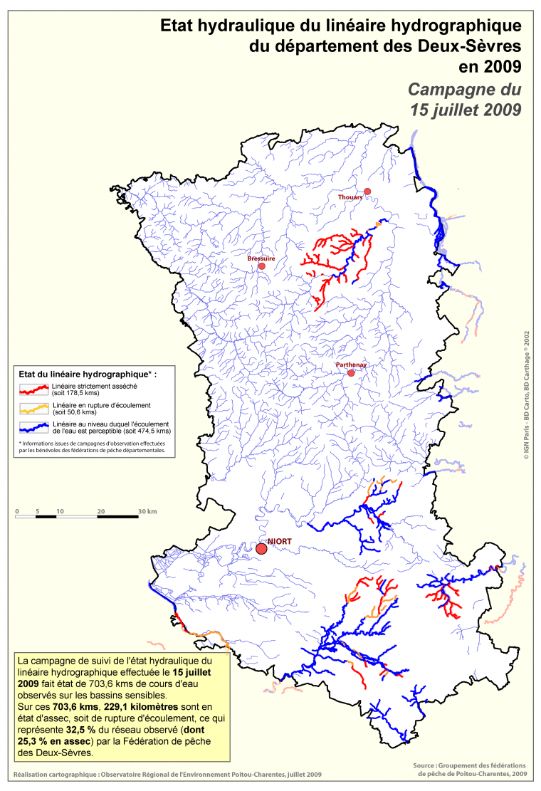 Etat hydraulique du linéaire hydrographique du département des Deux-Sèvres au 15 juillet 2009