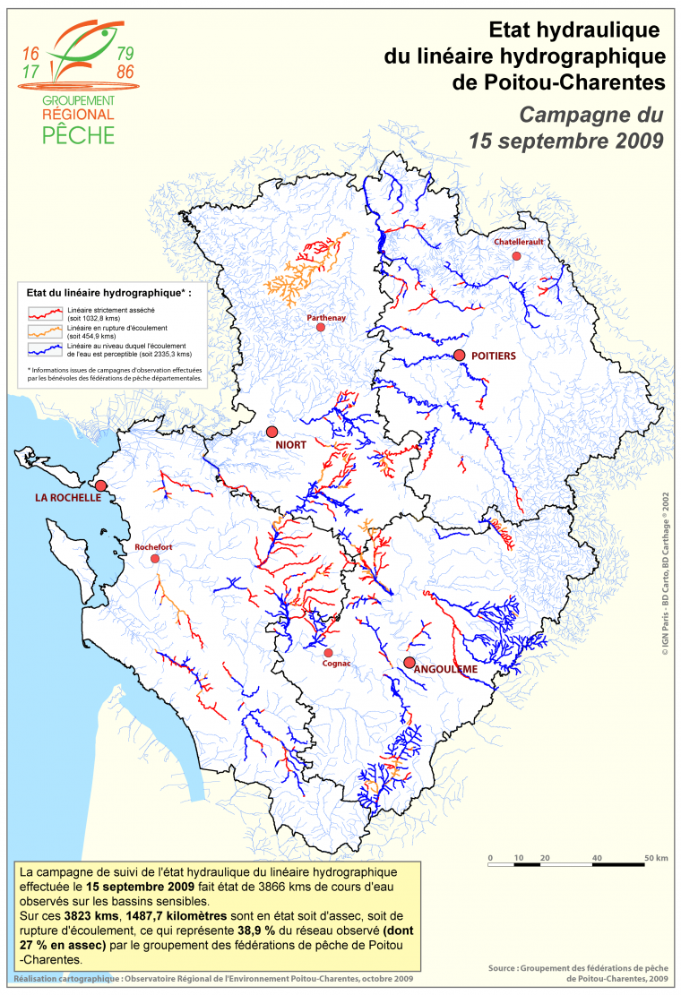 Etat hydraulique du linéaire hydrographique de la région Poitou-Charentes - Campagne du 15 septembre 2009