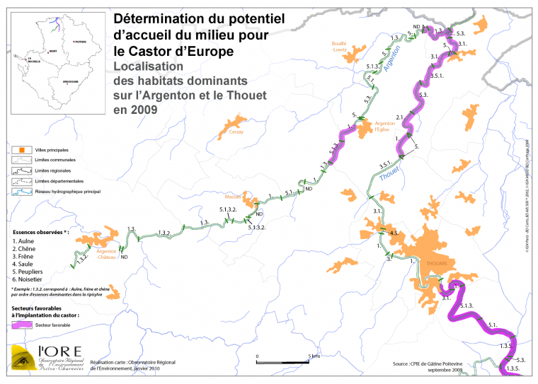 Détermination du potentiel d'acceuil du milieu pour le Castor d'Europe - Localisation des habitats dominants sur l'Argenton et le Thouet en 2009