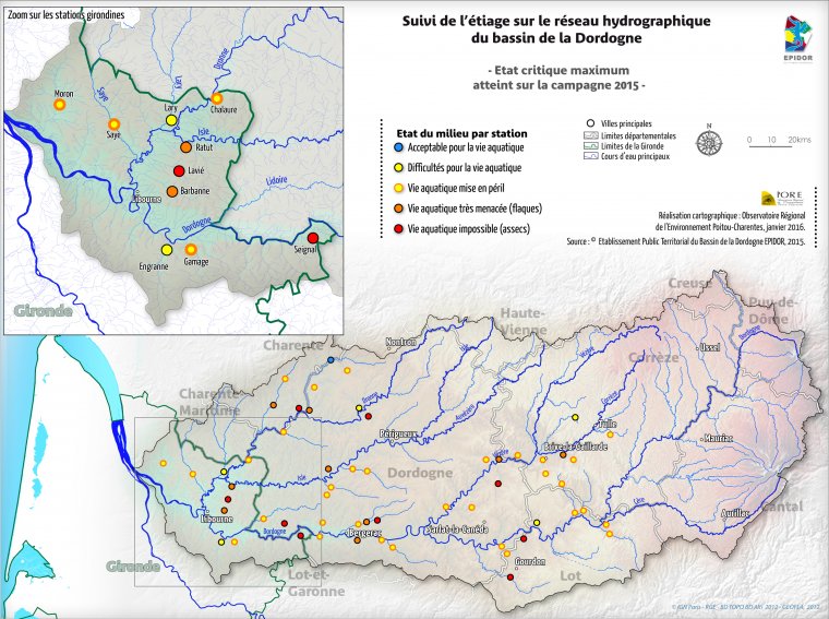 Suivi de l'étiage sur le réseau hydrographique du bassin de la Dordogne - Etat critique maximum 2015