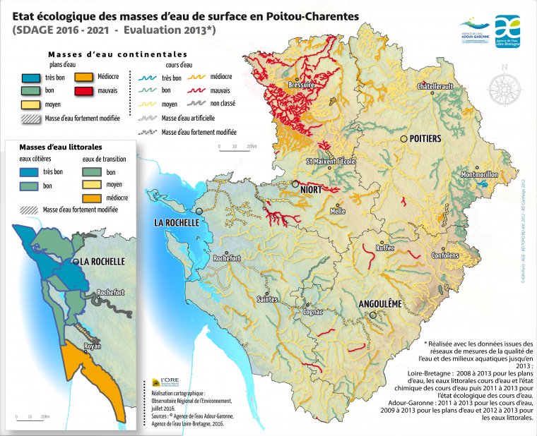 Etat écologique des masses d'eau de surface en Poitou-Charentes (d'après l'évaluation 2013 des SDAGE 2016-2021)