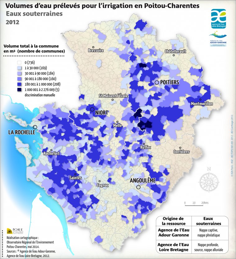 Volumes d'eau prélevés dans les eaux souterraines pour l'irrigation en Poitou-Charentes - année 2012