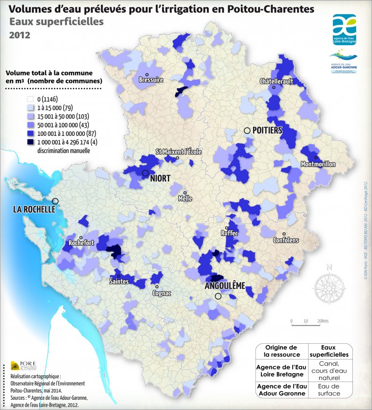 Volumes d'eau prélevés dans les eaux superficielles pour l'irrigation en Poitou-Charentes - année 2012