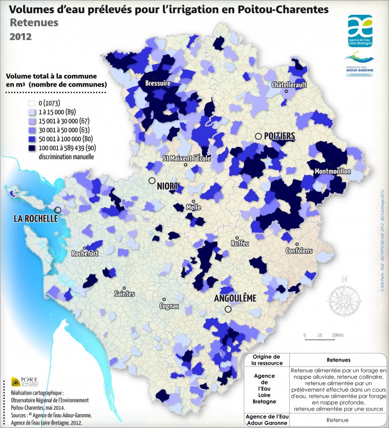 Volumes d'eau prélevés dans les retenues pour l'irrigation en Poitou-Charentes - année 2012