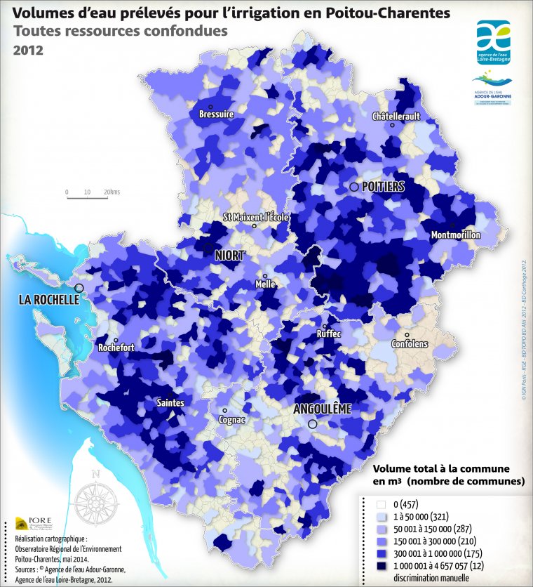 Volumes d'eau prélevés pour l'irrigation, toutes ressources confondues en Poitou-Charentes - année 2012