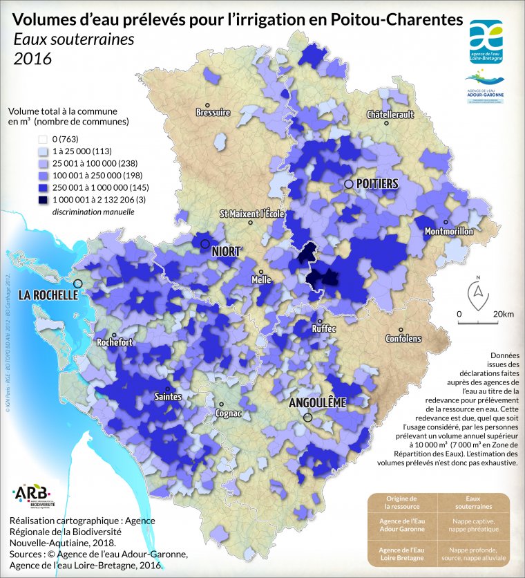 Volumes d'eau prélevés dans les eaux souterraines pour l'irrigation en Poitou-Charentes - année 2016