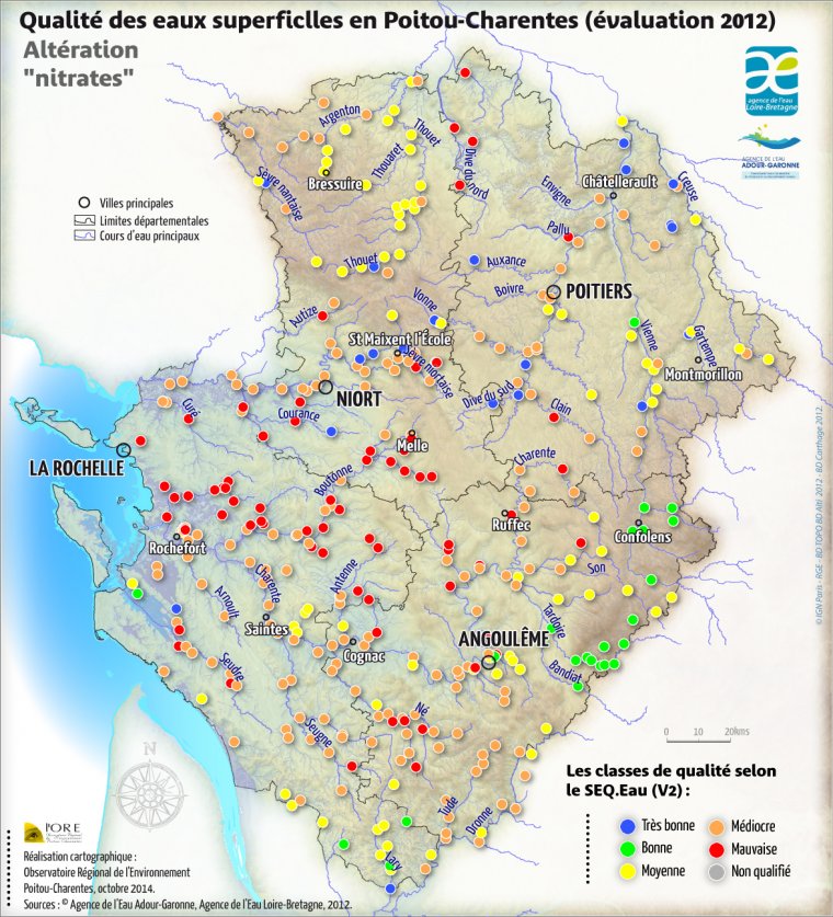Qualité des eaux superficielles en Poitou-Charentes en 2012 - Altération "nitrates"