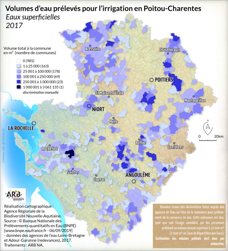 Volumes d'eau prélevés pour l'irrigation dans les eaux superficielles en Poitou-Charentes - année 2017
