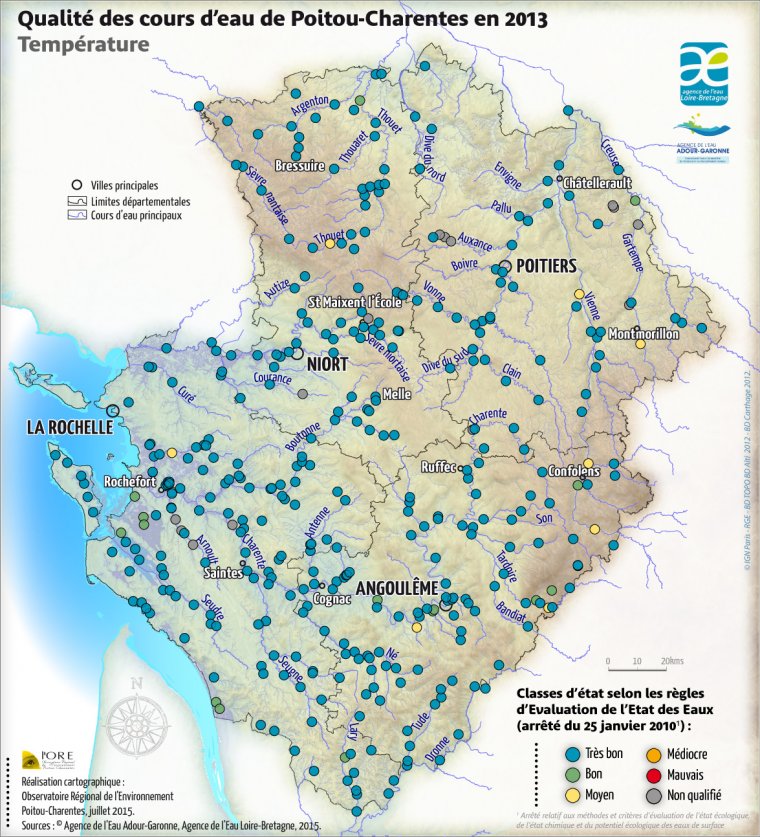 Qualité des cours d'eau de Poitou-Charentes en 2013 - État des points de mesure vis-à-vis de la température