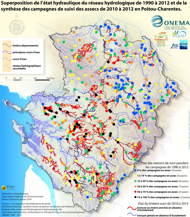 Superposition de l'état hydraulique du réseau hydrographique de 1990 à 2012 et de la synthèse des campagnes de suivi des assecs de 2010 à 2012 en Poitou-Charentes
