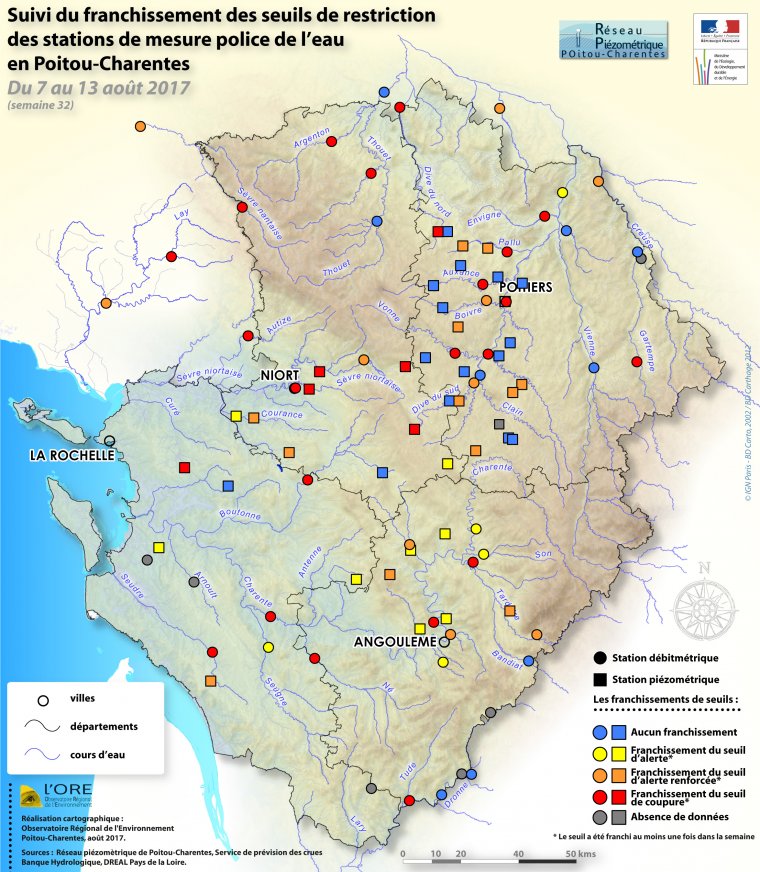 Suivi du franchissement des seuils de restriction des stations de mesure police de l'eau en Poitou-Charentes, du 7 au 13 août 2017