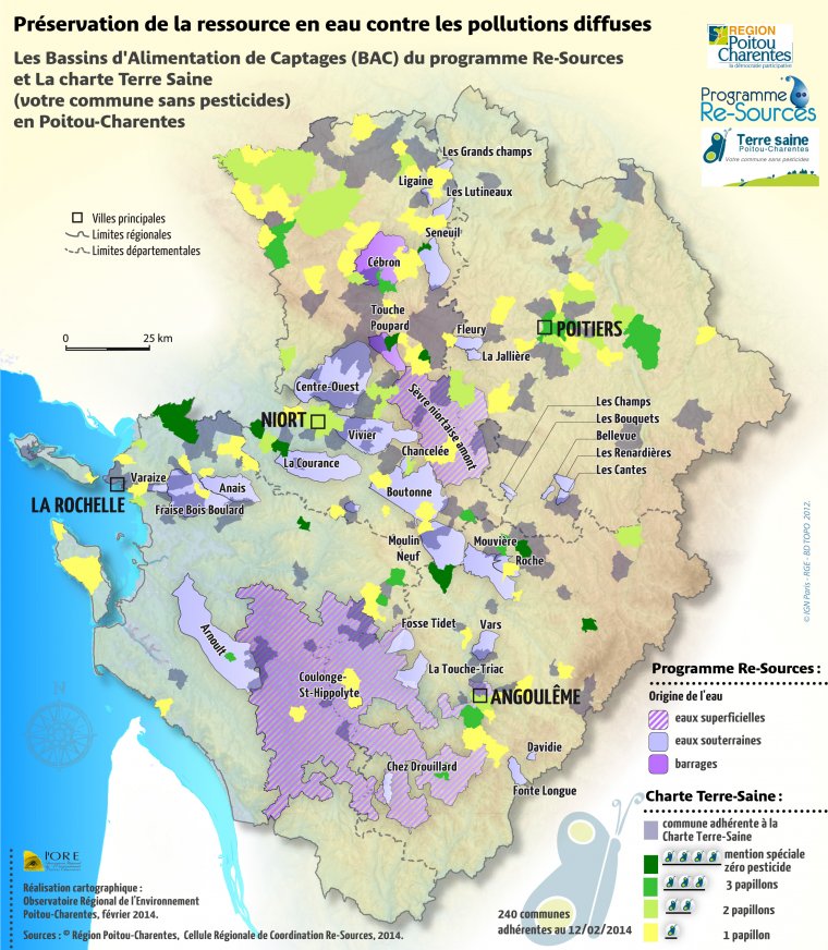 Les bassins d'alimentation de captages (BAC) du programme Re-Sources et la charte Terre Saine (votre commune sans pesticides) en Poitou-Charentes