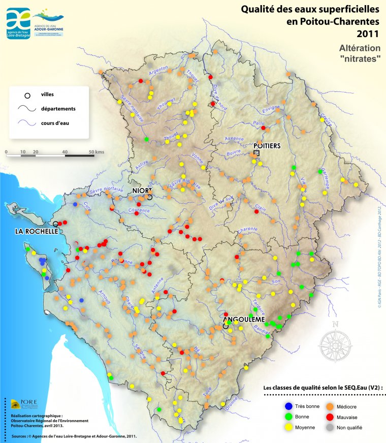 Qualité des eaux superficielles en Poitou-Charentes en 2011 - Altération "nitrates"