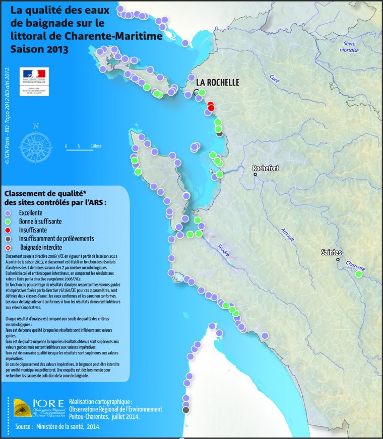 Qualité des eaux de baignade sur le littoral de Charente-Maritime en 2013