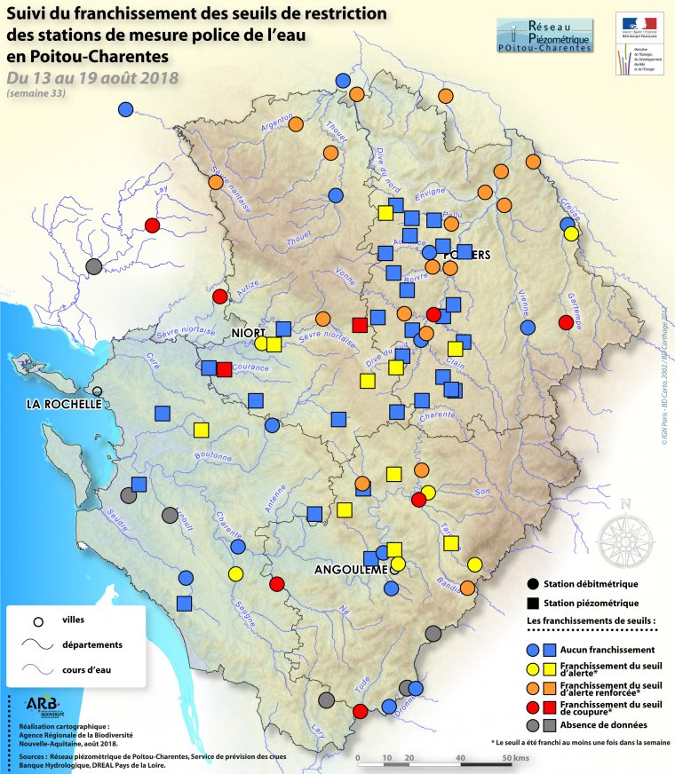Suivi du franchissement des seuils de restriction des stations de mesure police de l'eau en Poitou-Charentes, du 13 au 19 août 2018